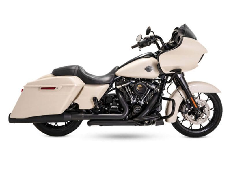 Custom Harley-Davidson touring motorcycle with sleek cream fairings, black accents, and storage saddlebags.