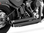 High-performance black motorcycle exhaust pipes with sleek design, perfect for custom Harley-Davidson bikes.