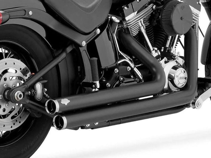 High-performance black motorcycle exhaust pipes with sleek design, perfect for custom Harley-Davidson bikes.