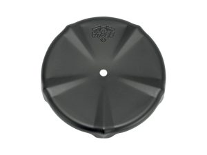 Black motorcycle fuel cap with Revelry logo, compatible with custom bikes.