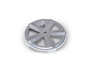 Chrome motorcycle engine air filter cover for Revelry Motorcycles, stylish and high-performance bike accessories.