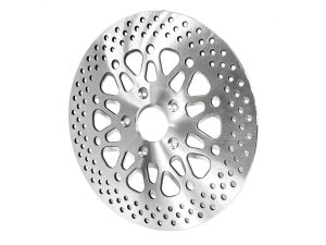 Aluminium motorcycle brake disc with perforated design for optimal cooling and performance.