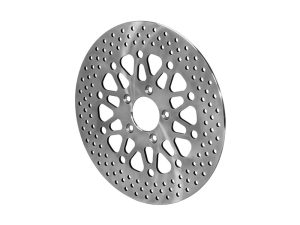 Bright silver motorcycle brake disc with drilled holes for enhanced performance and style.