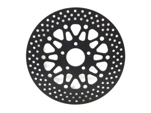 Black motorcycle brake disc with perforations for enhanced cooling and performance.