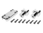 Chrome motorcycle accessory kit with mounting hardware and bolts.