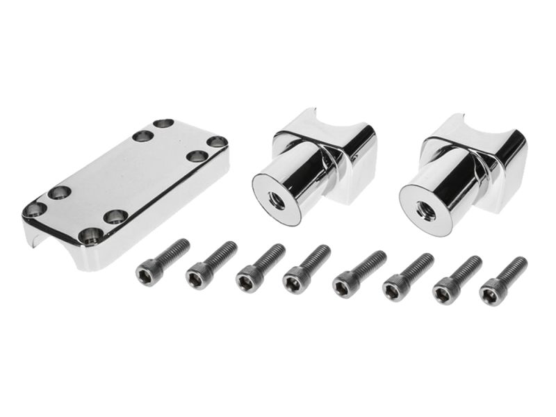 Chrome motorcycle accessory kit with mounting hardware and bolts.
