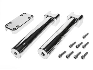 Polished chrome motorcycle handlebar risers and mounting hardware for Revelry Cycles bikes.