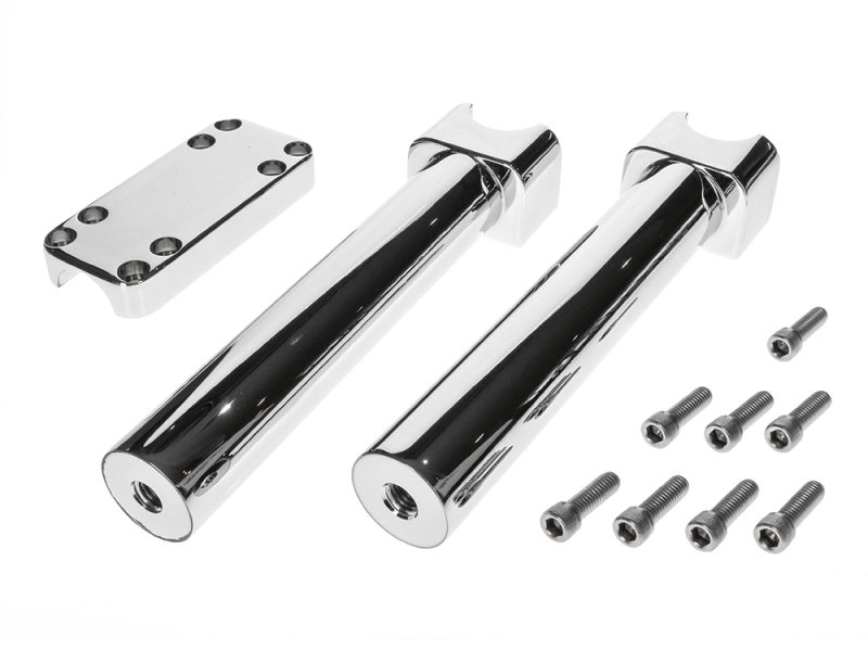 Polished chrome motorcycle handlebar risers and mounting hardware for Revelry Cycles bikes.