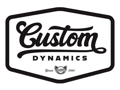 Custom Dynamics motorcycle logo, vintage style, black and white, Australian motorcycle accessories, Revelry Cycles.